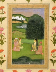 Dame und Begleiter hören bei Sonnenuntergang Musik, aus dem Small Clive Album